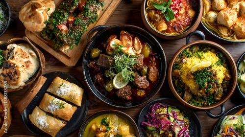 Table filled with traditional dishes from various global cuisines