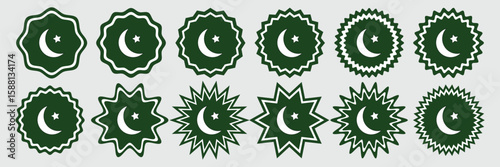 Pakistan Independence Day Badge Icon Set Featuring Crescent Moon and Star Elements for Posters, Social Media, Cards, Banners, and Celebrations
