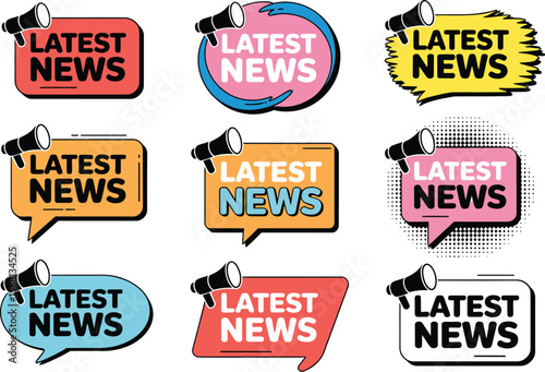 A collection of latest news icons with megaphones in various colorful shapes