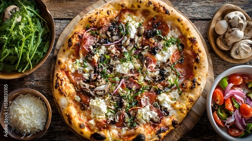 Overhead shot of artisan pizza with toppings and fresh ingredients