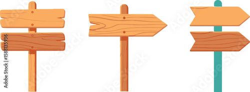Whimsical cartoon wooden signs pointing directions with blank boards