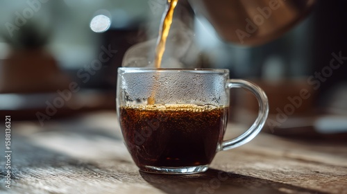 Freshly brewed coffee being poured into clear glass mug