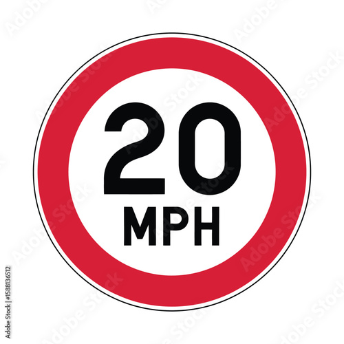 Round speed limit sign showing 20 miles per hour
