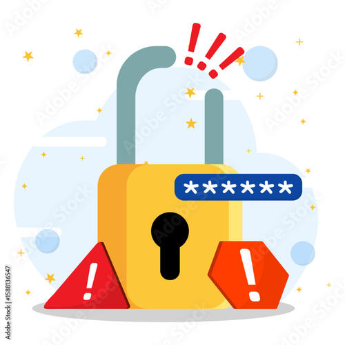 Warning that the password has been hacked and leaked. Broken padlock with an exclamation mark.