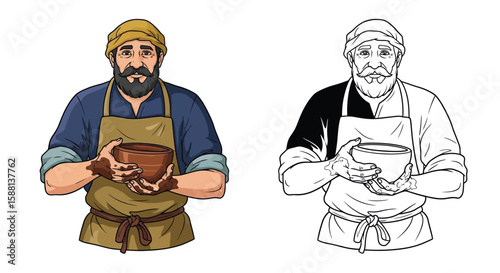 Modest Humble Potter Character Coloring Page with Both Colored and Outline Art Forms