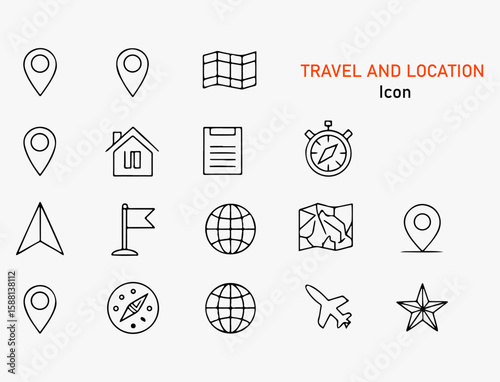 Minimalist Travel and Location Icon Set Featuring Navigation Transportation and Exploration Elements in Black and White