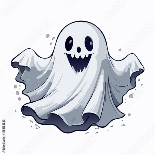 Black and white vector of a scary cute ghost with sharp teeth and playful expression