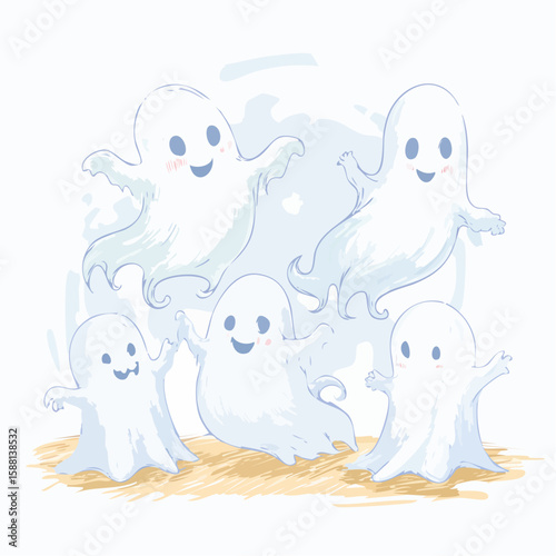 A group of funny ghosts having a fart contest, drawn with shaky crayon lines