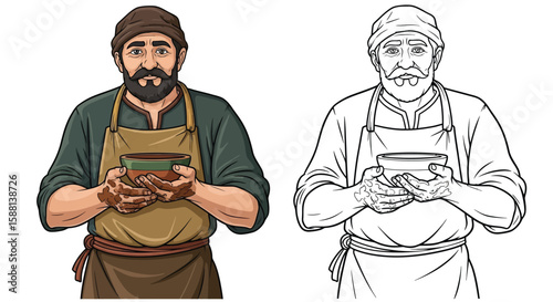 Craftsman Humble Potter Character Coloring Page with Colored and Line Art Outline Styles