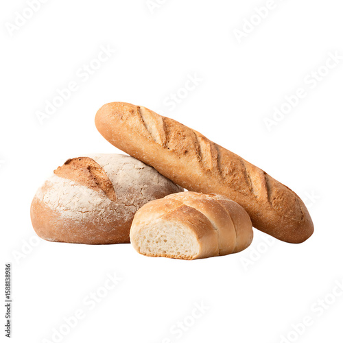 Three different types of bread a rustic round loaf a long crusty baguette and a sweet bun with a braided top freshly baked and displayed on a white background isolated on white background o 48309637 1