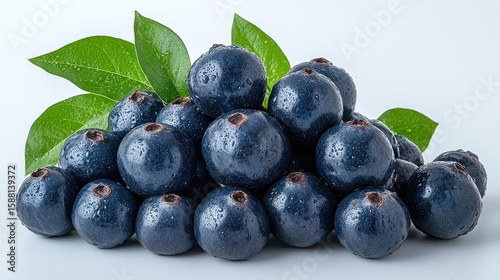 Wallpaper Mural Fresh blueberries close-up with water droplets and green leaves on white background create a Torontodigital.ca