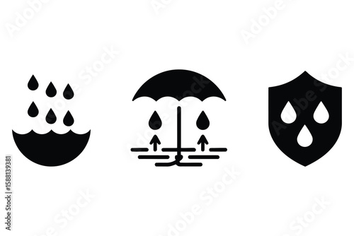 Set of three black icons representing water resistance and protection