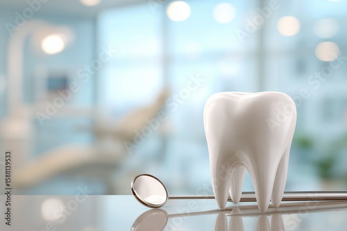 Dental Care Vector Illustration: White Tooth and Mirror with Clinic Background for Oral Hygiene Campaigns, Web Banners and Health Education