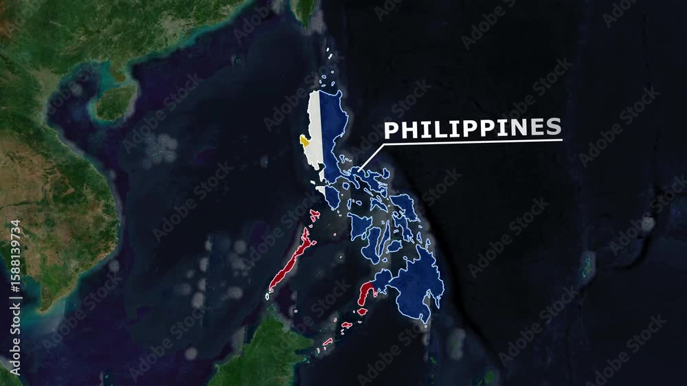 Zoom from Earth to the Philippines. (Country Flag) World map animation with highlighted country borders. Satellite 3d world map animation highlights aerial views, tourism, and travel. 4k
