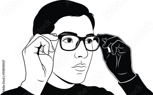 Vector art of a closeup silhouette illustration depicts a man adjusting his glasses, highlighting vision, style, and a modern, intellectual aesthetic