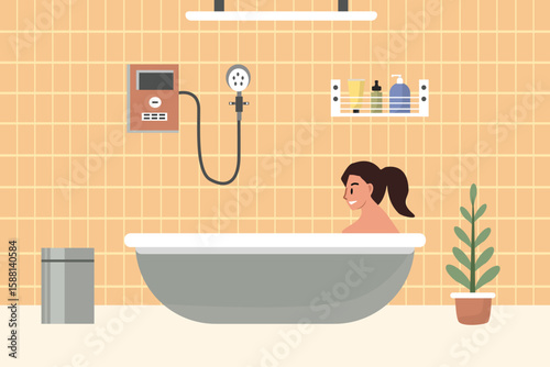 Girl take a bath in modern bathroom. Bathroom architecture. Woman showering.