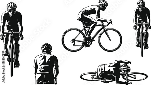 Vector art of a collection of black and vector illustrations depicting cyclists in various poses, including riding, falling, and