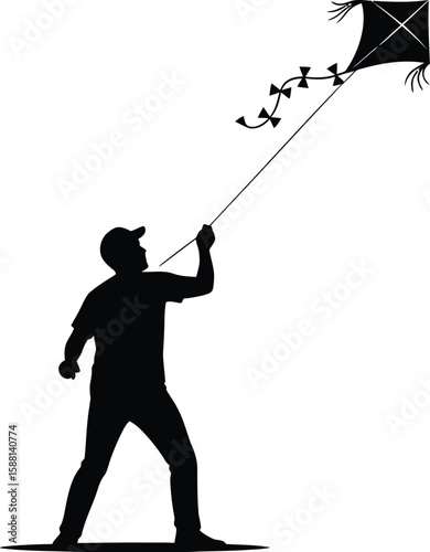 Vector art of a silhouette of a man flying a kite a, capturing a moment of outdoor recreation and childhood joy