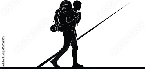 Vector art of a silhouette of a hiker with a backpack walking a path, representing travel and adventure, showcasing the spirit of exploration and the outdoors