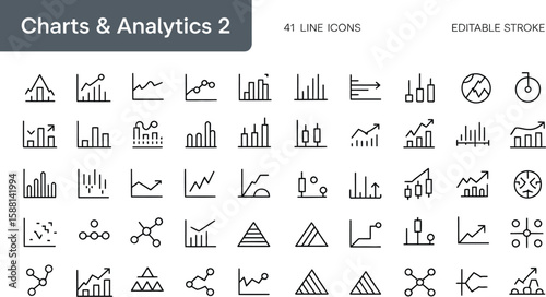 Display of various line icons representing charts and analytics elements