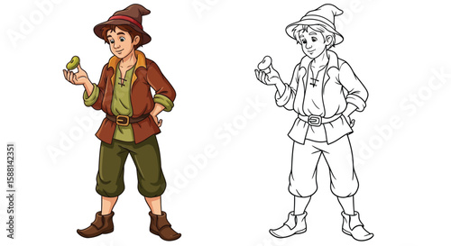 Adventurous Jack from Beanstalk Coloring Page with Both Colored and Outline Art Styles