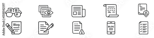 Blog, Article, Content Management Icons set,  icon set of blogging, article creation, content publishing, document writing, text editing, blog posts, proofreading