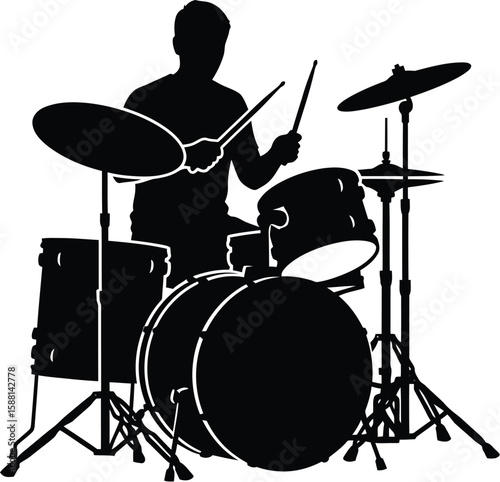 Vector art of a silhouette illustration depicts a drummer playing a drum set