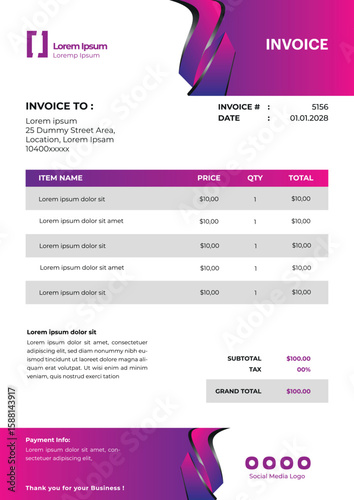 Vector invoice template with editable fields, designed for simple and professional billing documents.