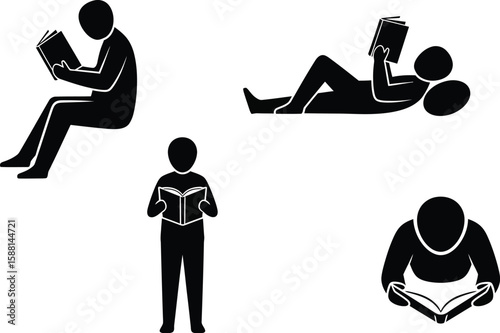 Vector art of silhouettes of people reading books in various positions are