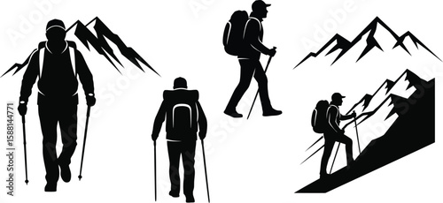Vector art of silhouettes of hikers with backpacks trekking through mountainous landscapes
