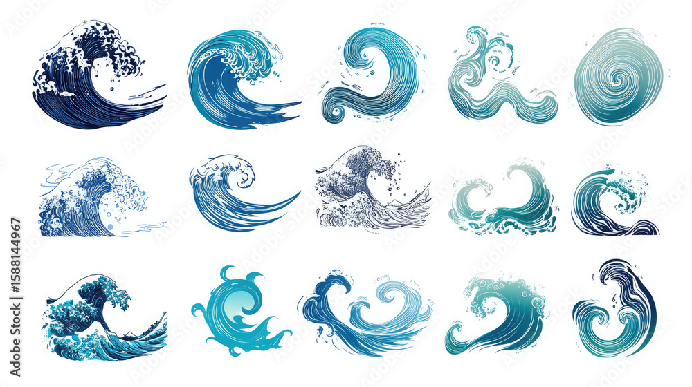 Collection of fifteen stylized ocean wave illustrations in varying shades of blue and turquoise Collection of fifteen stylized ocean wave illustrations in varying shades of blue and turquoise