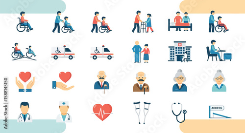 Healthcare vector icon set showcasing medical assistance and senior care