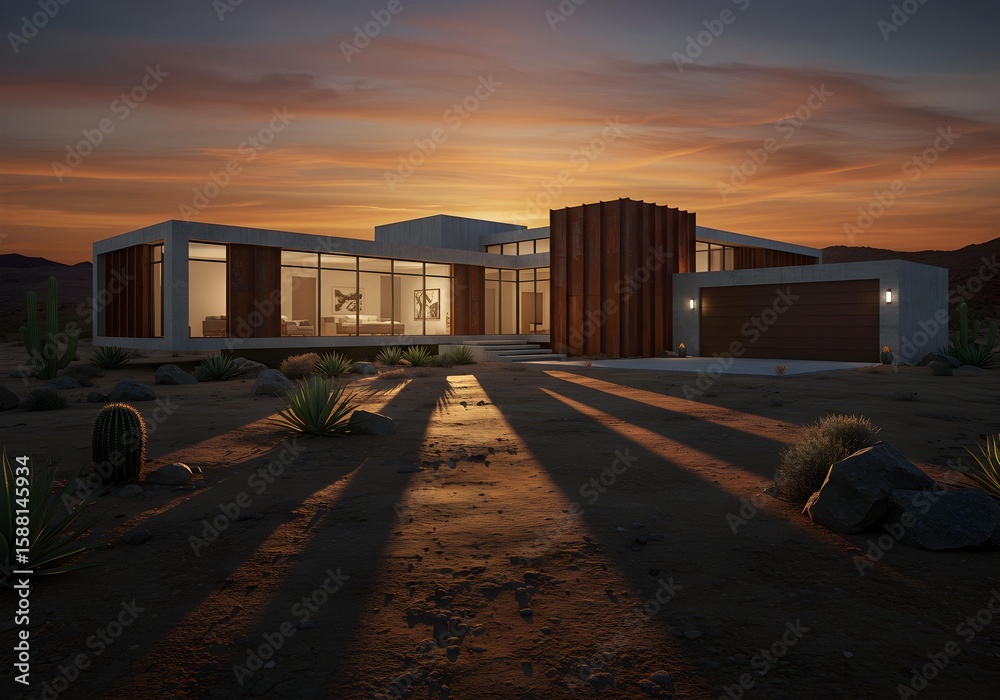Obraz premium Contemporary Desert Home Exterior at Sunset with Dramatic Shadows