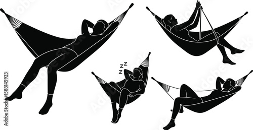 Vector art of a woman is relaxing and sleeping in a hammock in different poses