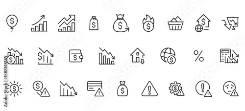 Inflation & Economic Instability Line Icons – Financial Crisis, Market Crash, Rising Costs, Recession Symbols