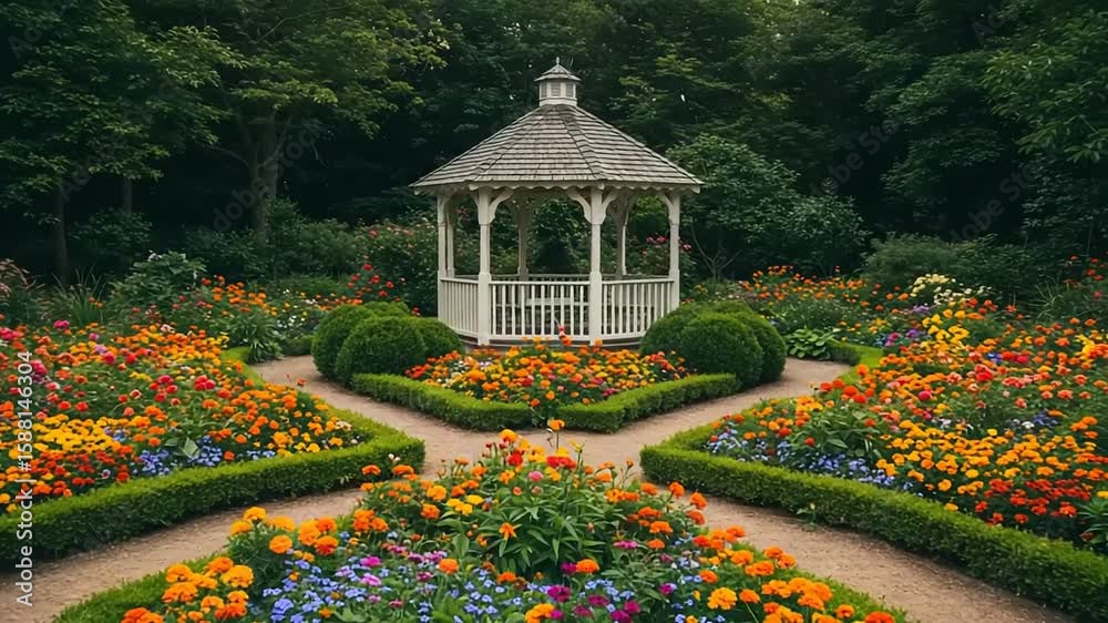 Colorful flower garden with gazebo in serene setting