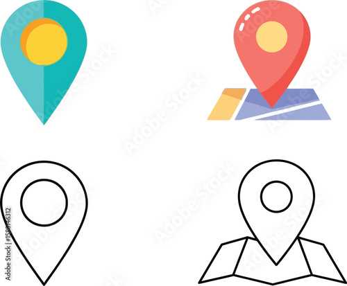 Location pin icons display colorful and outline versions for maps and travel