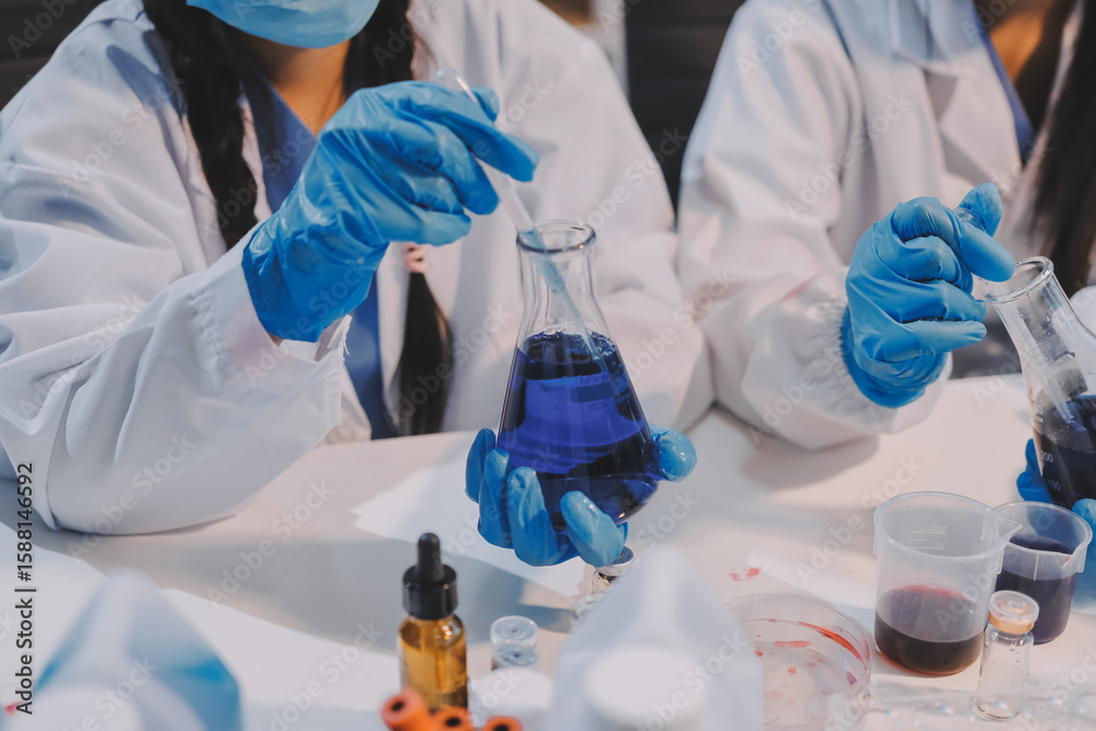 Fototapeta premium Modern Empty Science Laboratory With Microscopes, Test Tubes And Other Laboratory Equipments