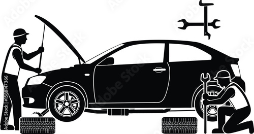 Vector art of two mechanics are working a car in a garage with tools