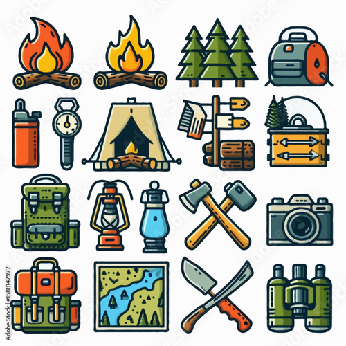 camping and outdoor adventure icon set