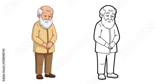Loving Kind Grandfather Character Coloring Page with Both Colored and Outline Art Forms