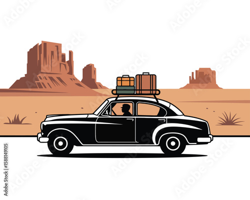 Retro Car Silhouette with Luggage on Top in Highway Scene

