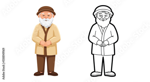 Wise Kind Grandfather Character Coloring Page Featuring Full Color and Sketch Outline Art