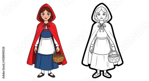 Beloved Little Red Riding Hood Coloring Page Offering Full Color and Line Art Outline