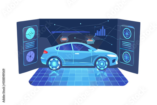 Futuristic blue car displayed on a digital platform with holographic interfaces isolated on transparent background isolated on white background
