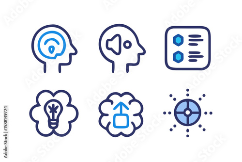 Set of six conceptual icons representing listening hearing ideas and data processing isolated on transparent background isolated on white background