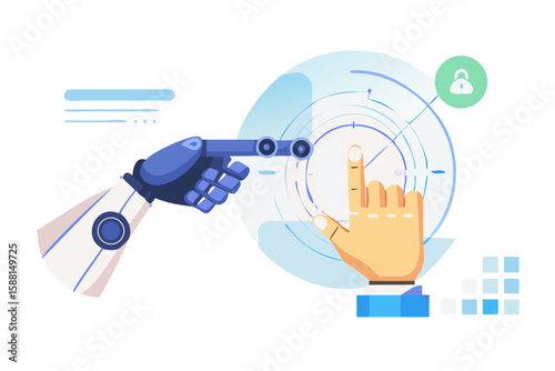 Robot and human hands interacting with futuristic interface for security and data analysis isolated on transparent background isolated on white background