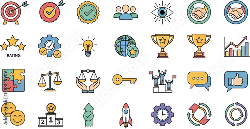 Business success and strategy icons showcase growth, teamwork and target achievement
