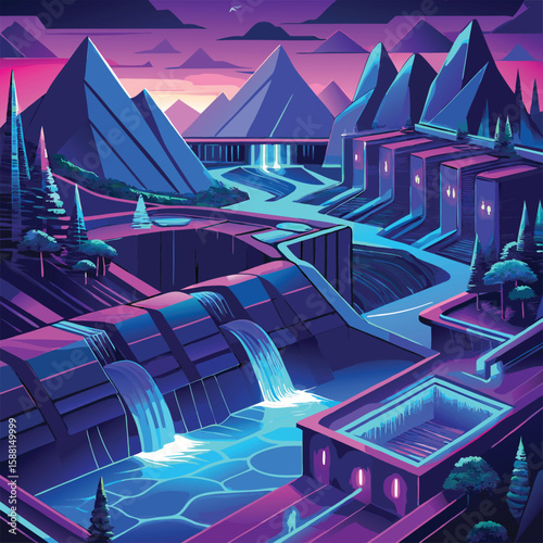Neon Riverbanks with AI Driven Hydroplant Energy