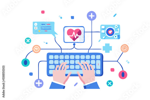 Hands typing on a keyboard connected to medical technology and healthcare data isolated on transparent background isolated on white background